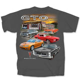 Pontiac GTO Vintage Car Garage Scene Graphic T-Shirt Charcoal Official Licensed