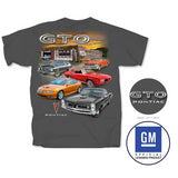 Pontiac GTO Vintage Car Garage Scene Graphic T-Shirt Charcoal Official Licensed