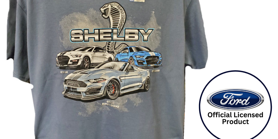 Ford Mustang GT500 Shelby Cobra Logo Cotton T-Shirt Steel Blue Official Licensed
